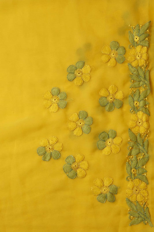 Ada Hand Embroidered Yellow Faux Georgette Lucknowi Chikankari Saree with Blouse A630385