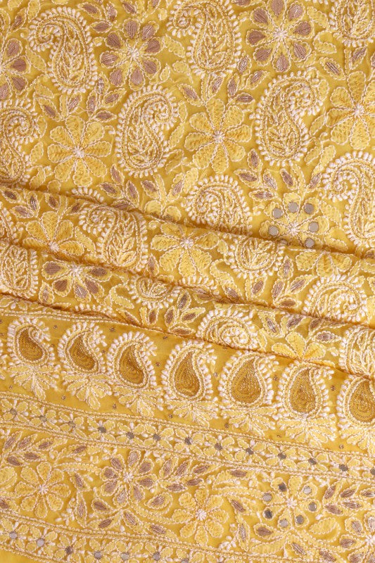 Ada Hand Embroidered Sunglow Yellow Georgette Lucknowi Chikan Unstitched Kurta Dupatta With Gota patti Work A602511
