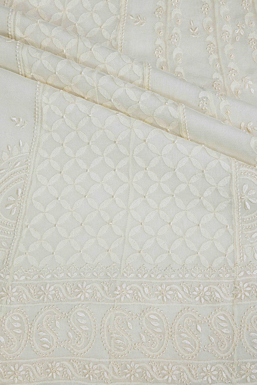 Ada Hand Embroidered Cream Net Semi-stitched Anarkali Kurta Dupatta-A628790