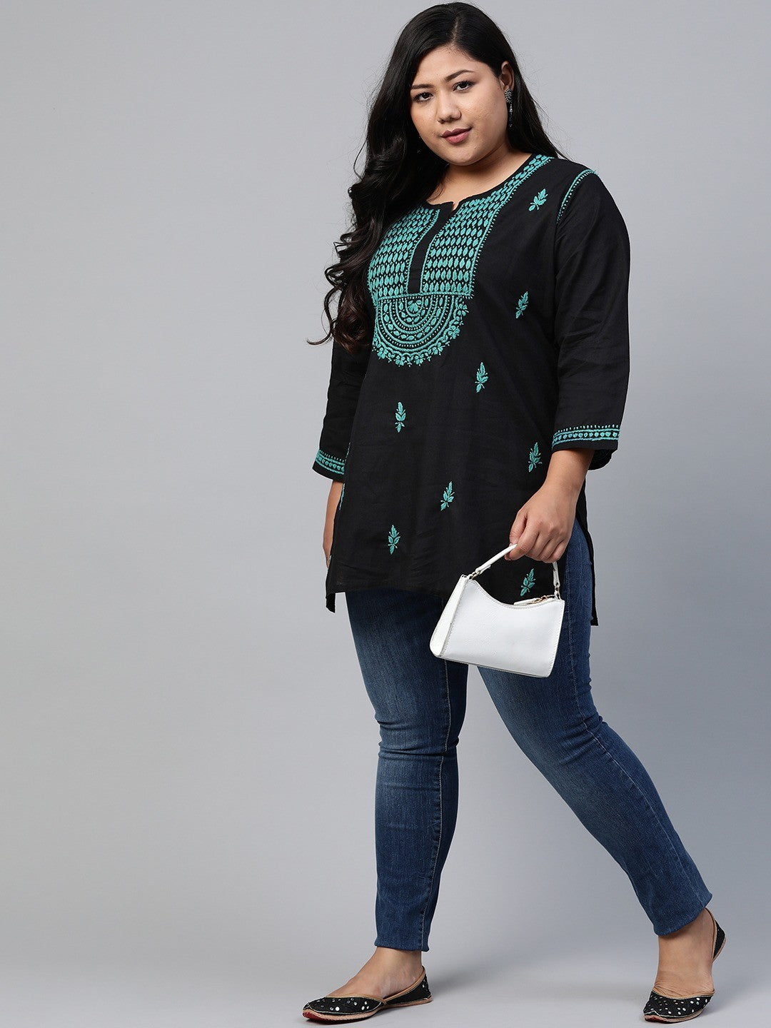 Ada Hand Embroidered Black Cotton Lucknowi Chikankari Straight Kurti A100388