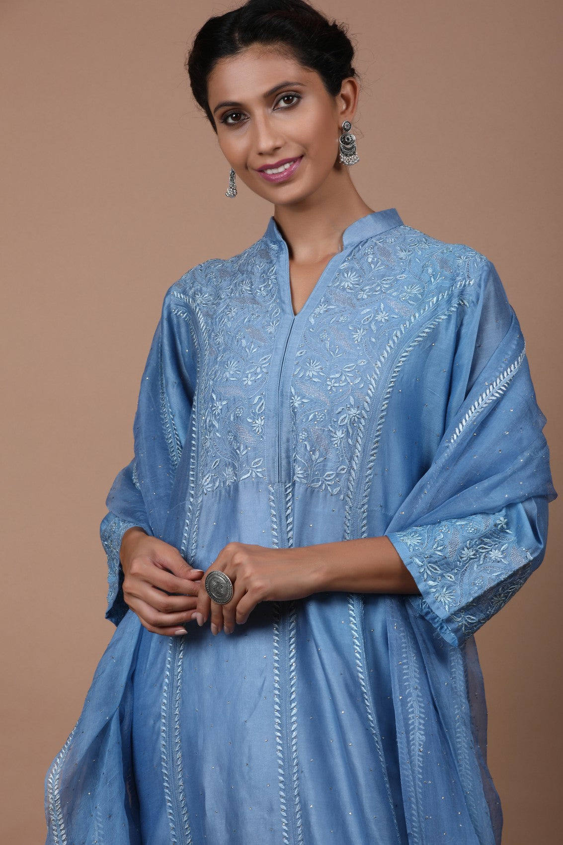 Ada Hand Embroidered Sapphire Blue Chanderi Lucknowi Chikankari Semi-Stitched Anarkali Kurta Dupatta Set With Muqaish Work A623456