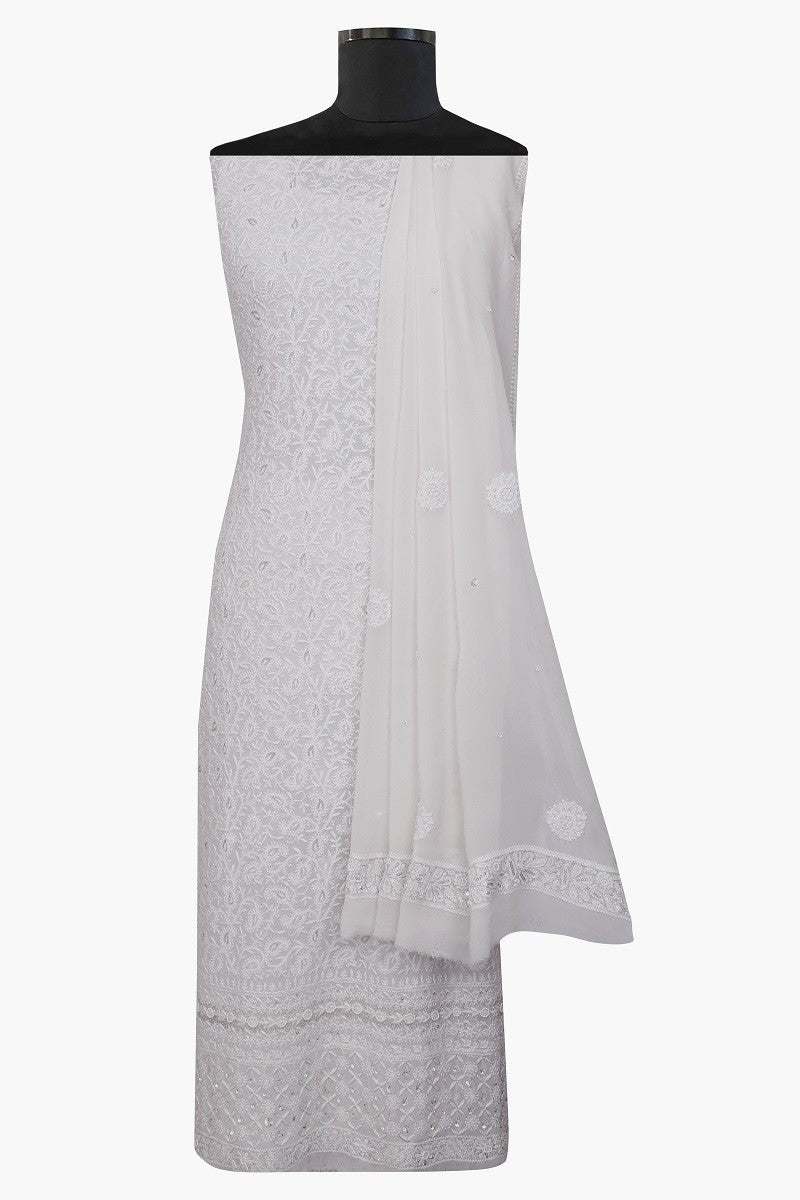 Ada Hand Embroidered White Pure Georgette Chikan Unstitched Kurta Dupatta Set With Pearl Work- A425092