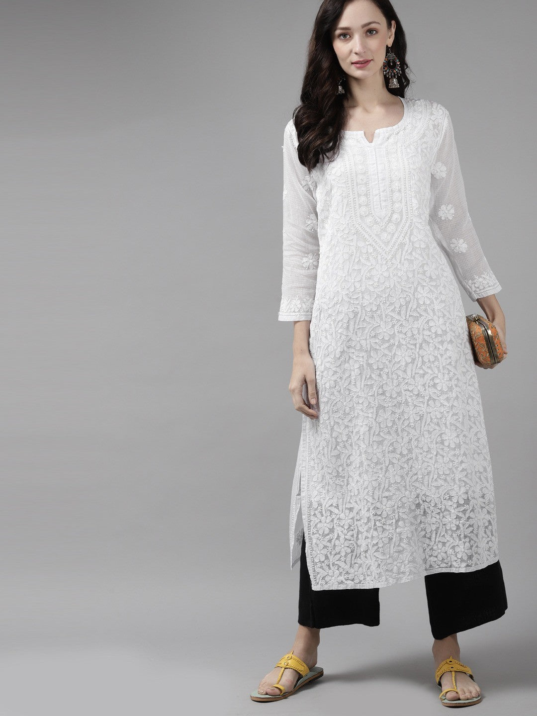 Ada Hand Embroidered White  Kota Lucknow Chikankari Straight Kurta With Slip A411303