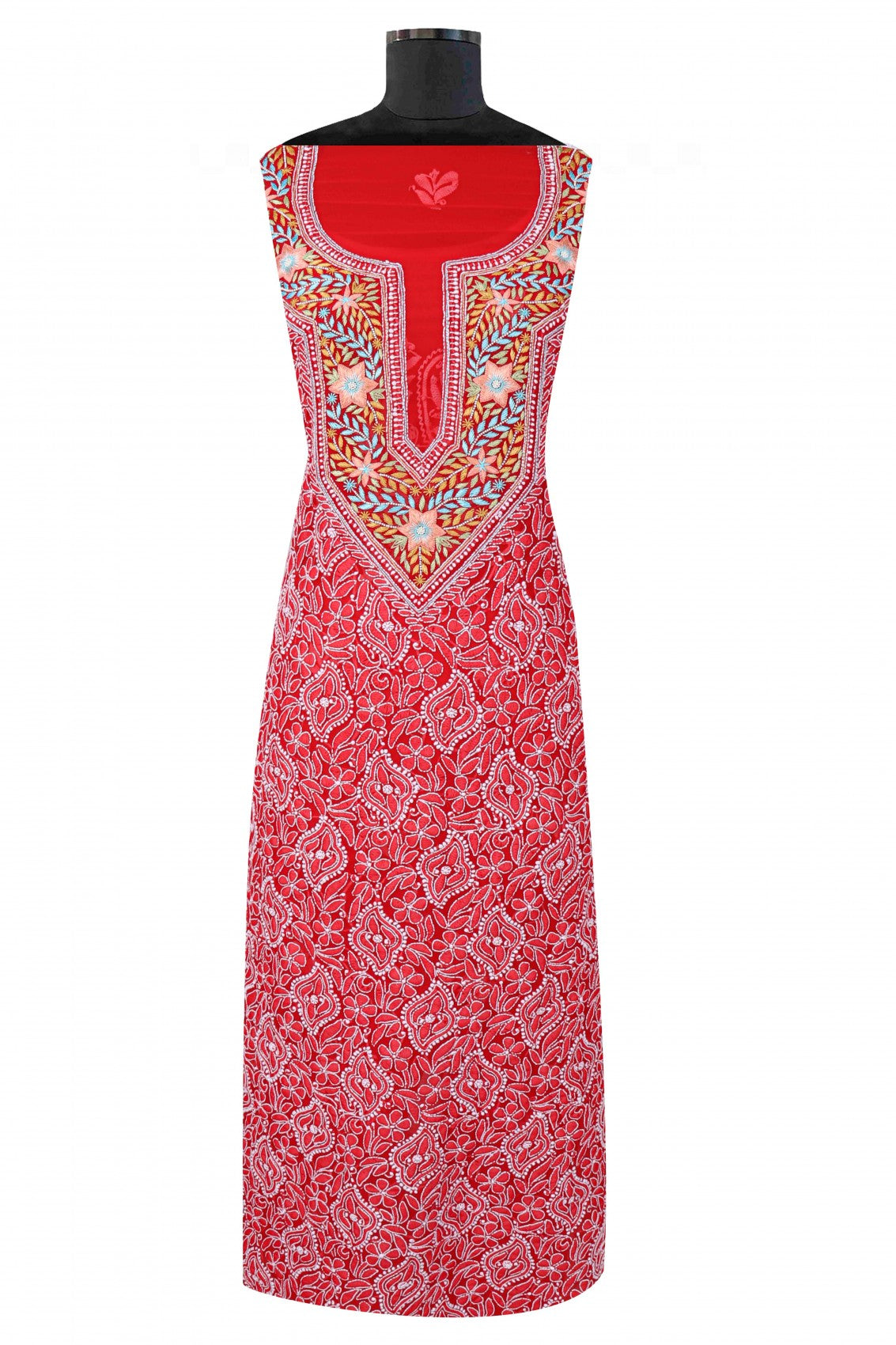 Ada Hand Embroidered Red Georgette Lucknowi Chikankari Unstitched Suit Piece With Pearl Work 01A146081