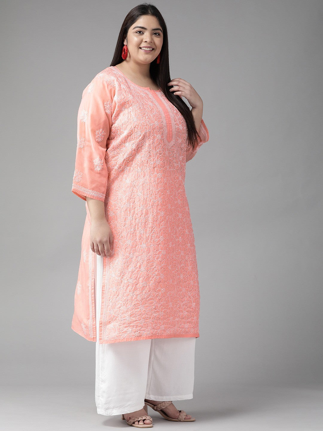 Ada Hand Embroidered Peach Cotton Lucknow Chikankari Straight Kurta A411165