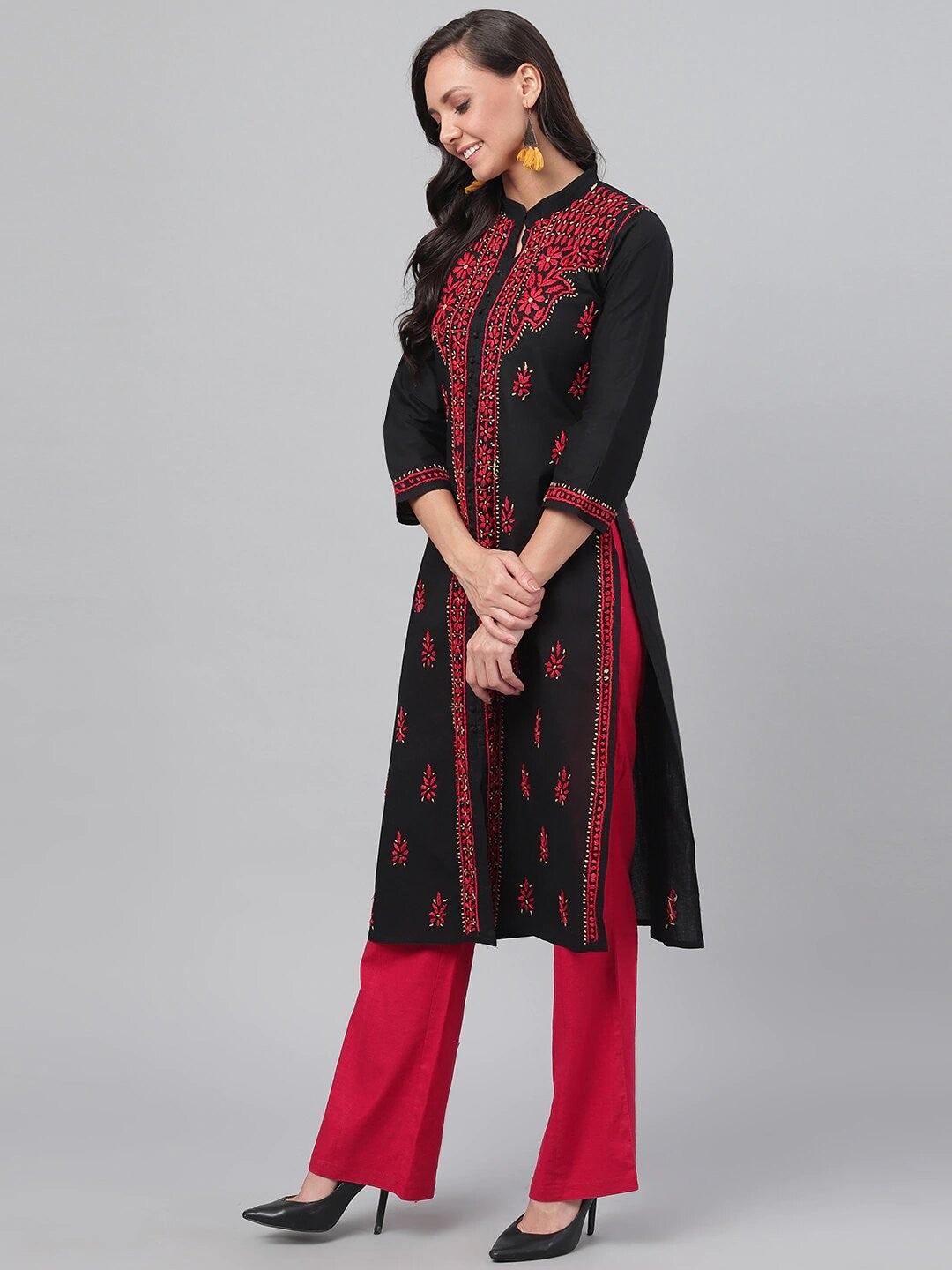 Ada Hand Embroidered Black Cotton Lucknowi Chikankari Straight Kurta A444921