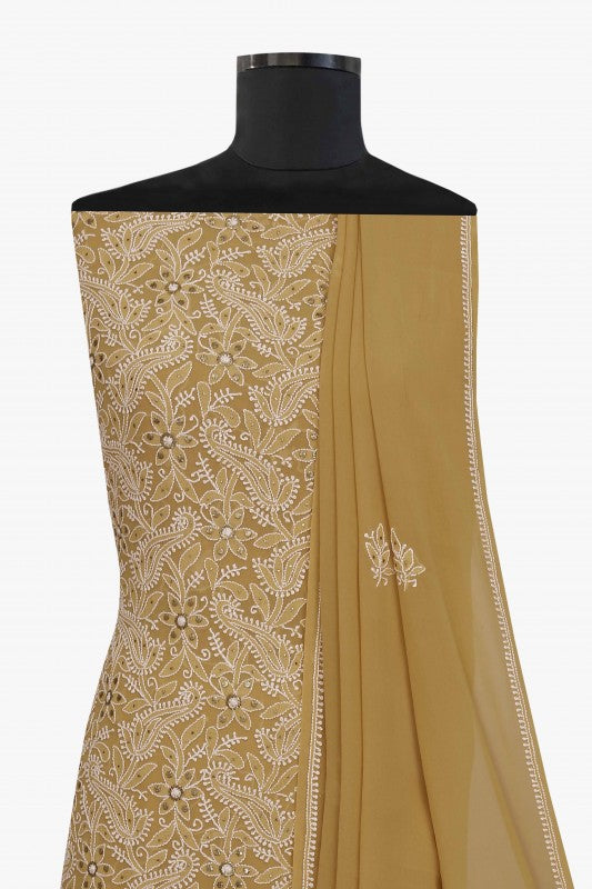 Ada Hand Embroidered Sepia Fawn Pure Georgette Lucknowi Chikan Unstitched Kurta Dupatta Set with Muqaish Work A230565