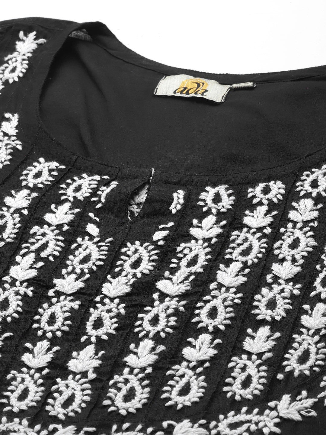 Ada Hand Embroidered Black Cotton Lucknowi Chikankari Straight Kurti- A911118