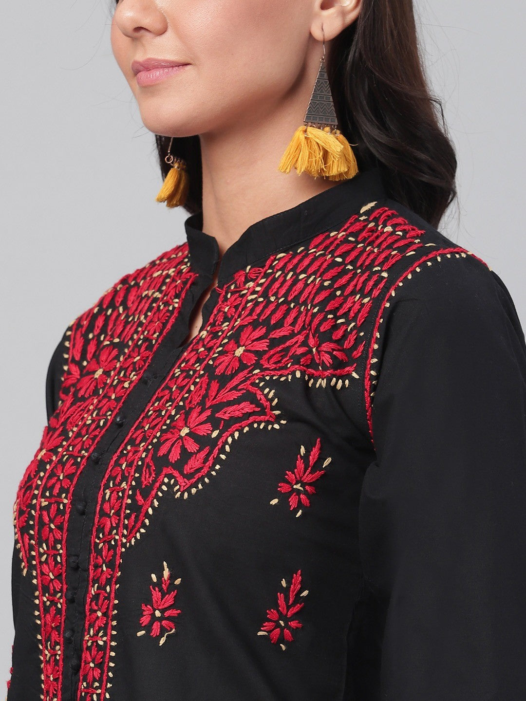 Ada Hand Embroidered Black Cotton Lucknowi Chikankari Straight Kurta A444921
