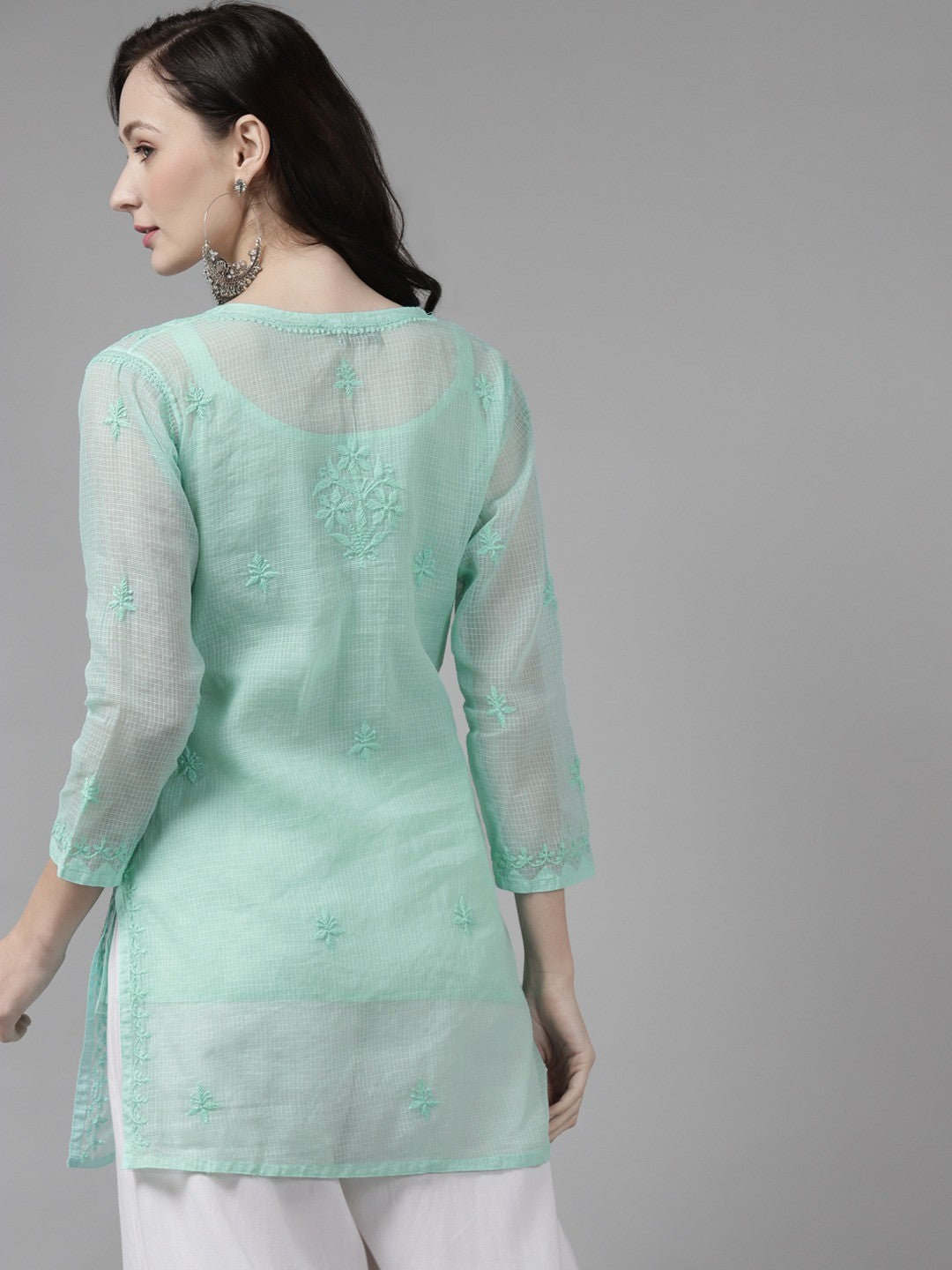 Ada Hand Embroidered Sea Green Kota Lucknow Chikan Kurti With Slip-A911157