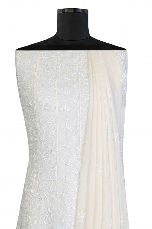 Ada Hand Embroidered White Pure Georgette Semi-stitched Anarkali Kurta Dupatta- A597770