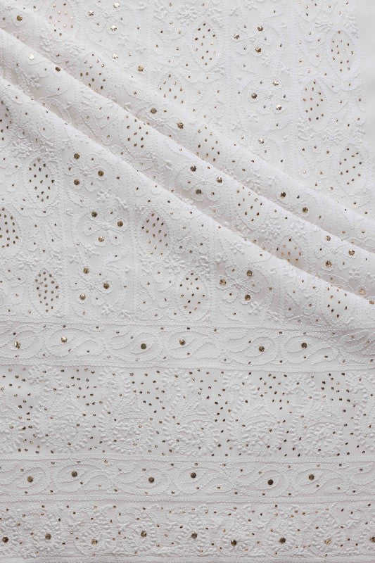 Ada Hand Embroidered White Georgette Lucknowi Chikan Unstitched Kurta Piece with Muqaish Work A370787