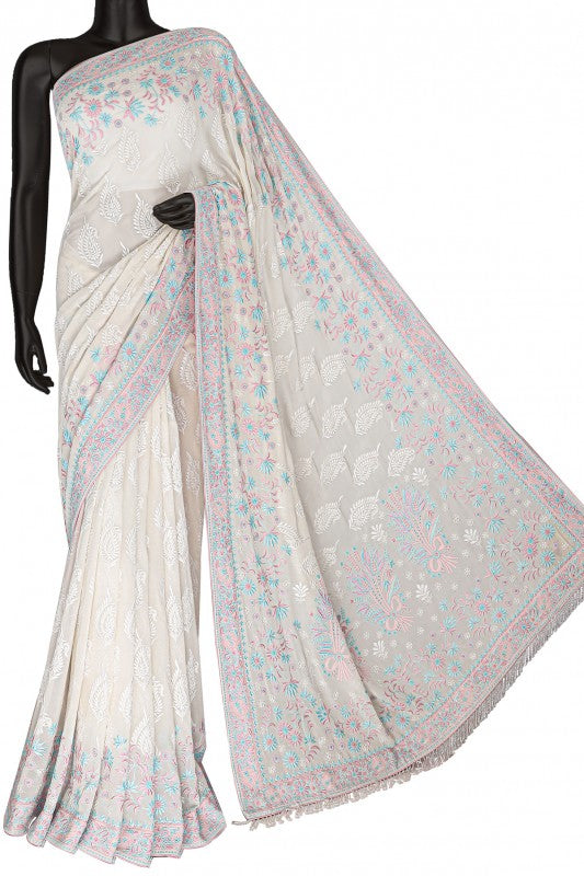 Ada Hand Embroidered White Pure Georgette Lucknowi Chikankari Saree with Blouse A51513