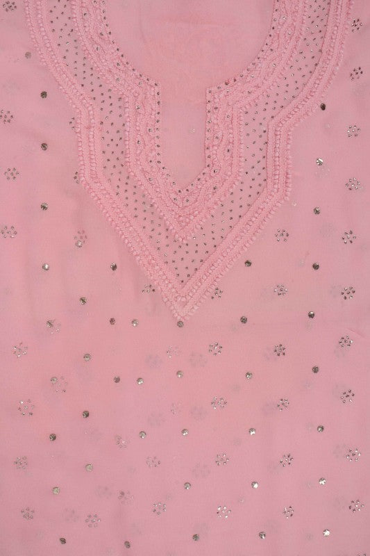 Ada Hand Embroidered Pink Georgette Lucknowi Chikan Unstitched Kurta Piece With Muqaish Work A359567