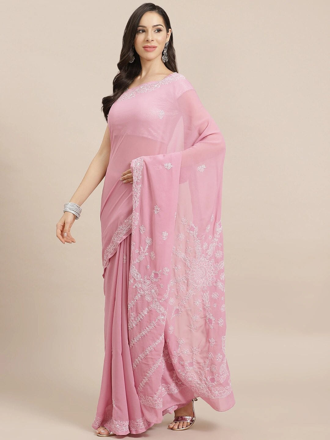 Ada Hand Embroidered Onion Pink Georgette Lucknow Chikan Saree With Blouse A204358