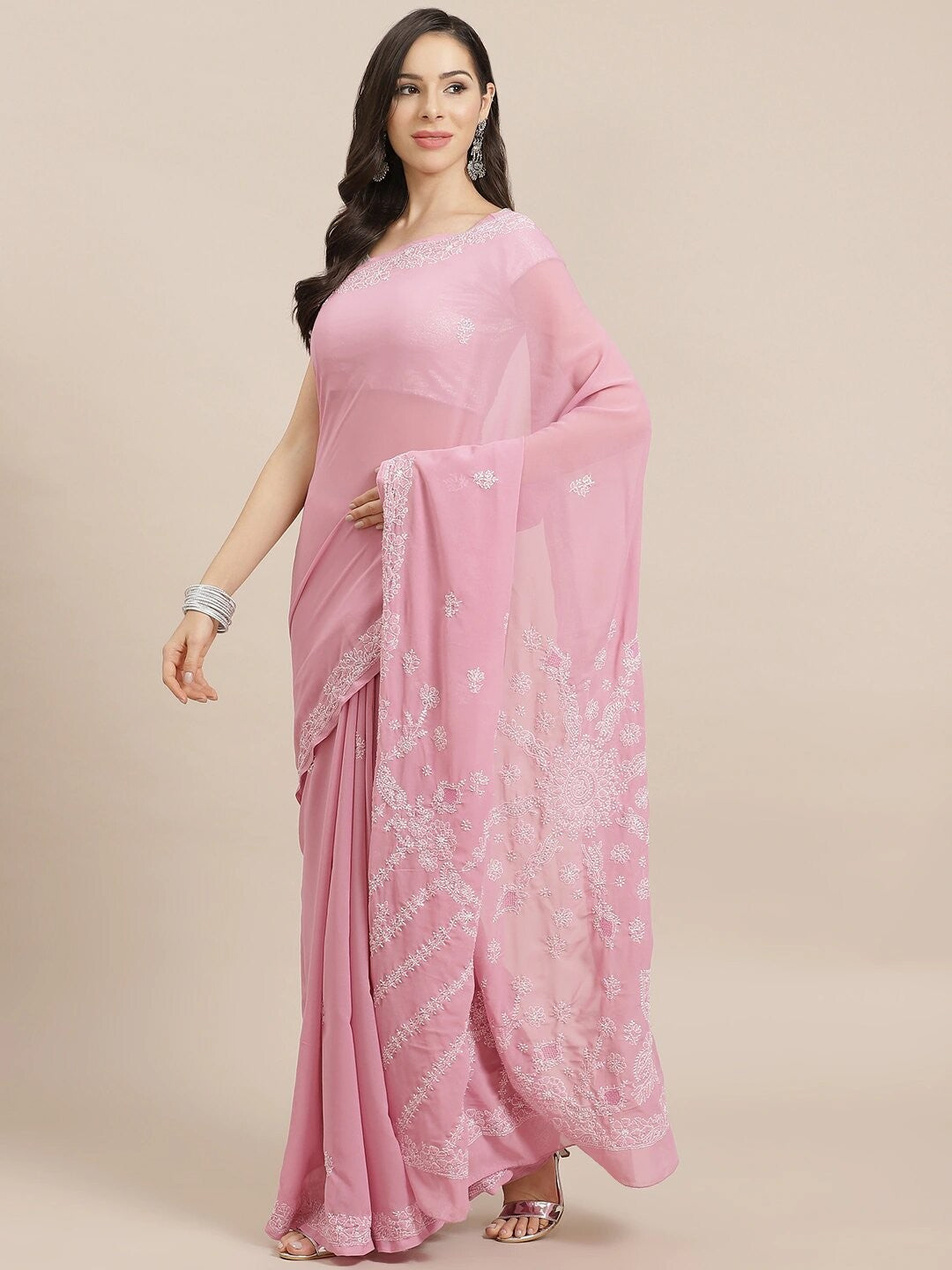 Ada Hand Embroidered Onion Pink Georgette Lucknow Chikan Saree With Blouse A204358