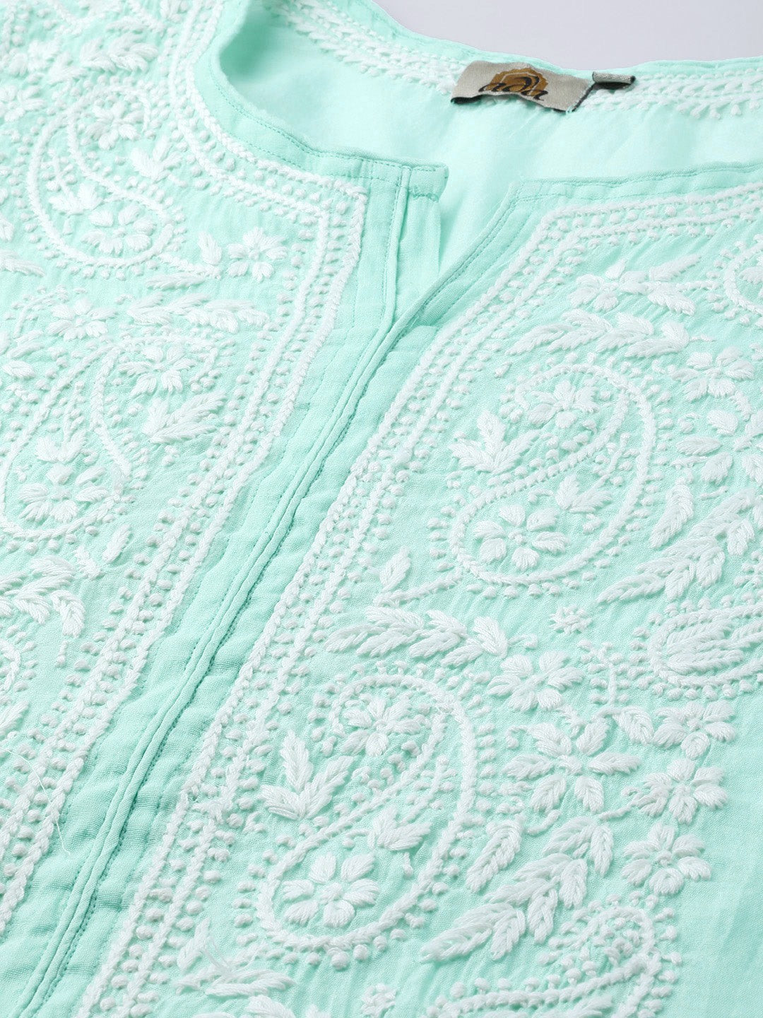Ada Hand Embroidered Sea Green Chanderi Lucknowi Chikankari Straight Kurta A100483