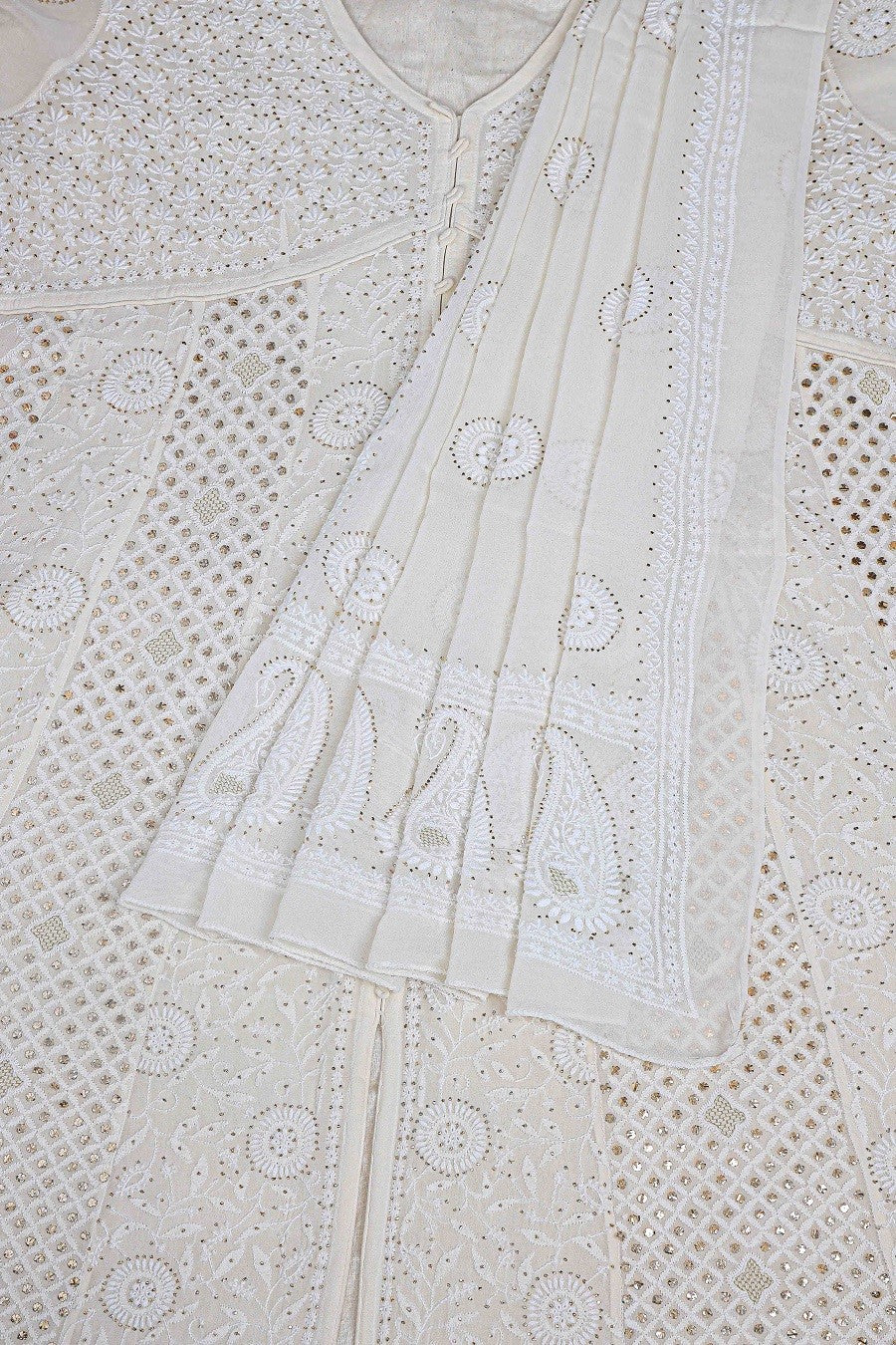 Ada Hand Embroidered White Pure Georgette Semi Stitched Anarkali Kurta Dupatta Set with Muquaish Work A501767