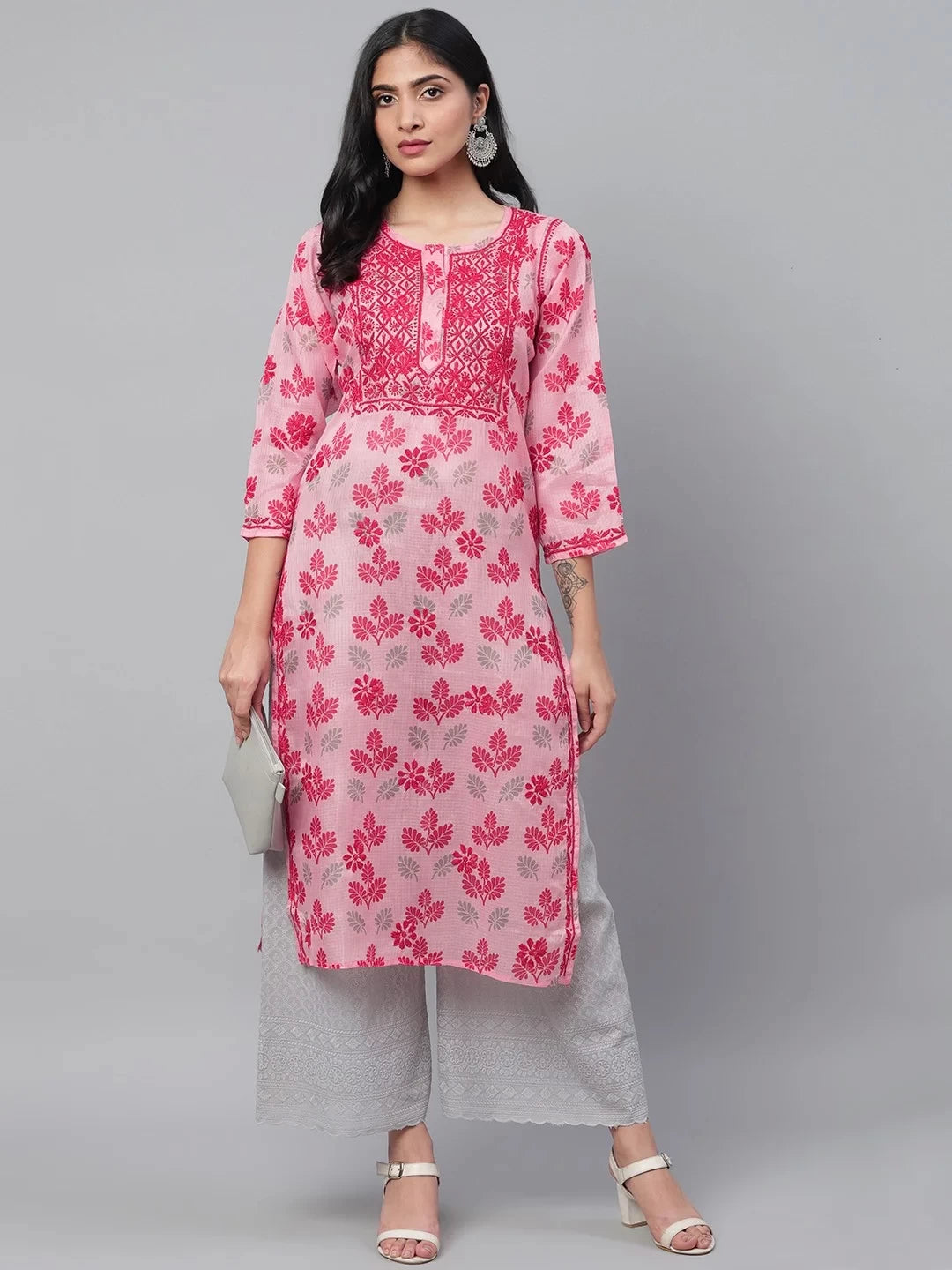 Ada Hand Embroidered Pink Kota Lucknowi Chikankari Straight Kurta A100585