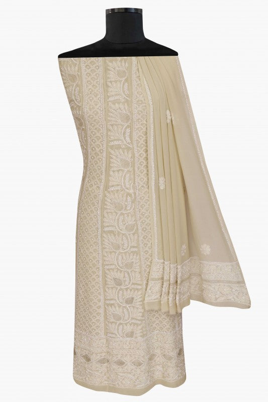 Ada Hand Embroidered Pale Yellow Pure Georgette Semi-stitched Anarkali Kurta Dupatta With Pearl Work - A468460