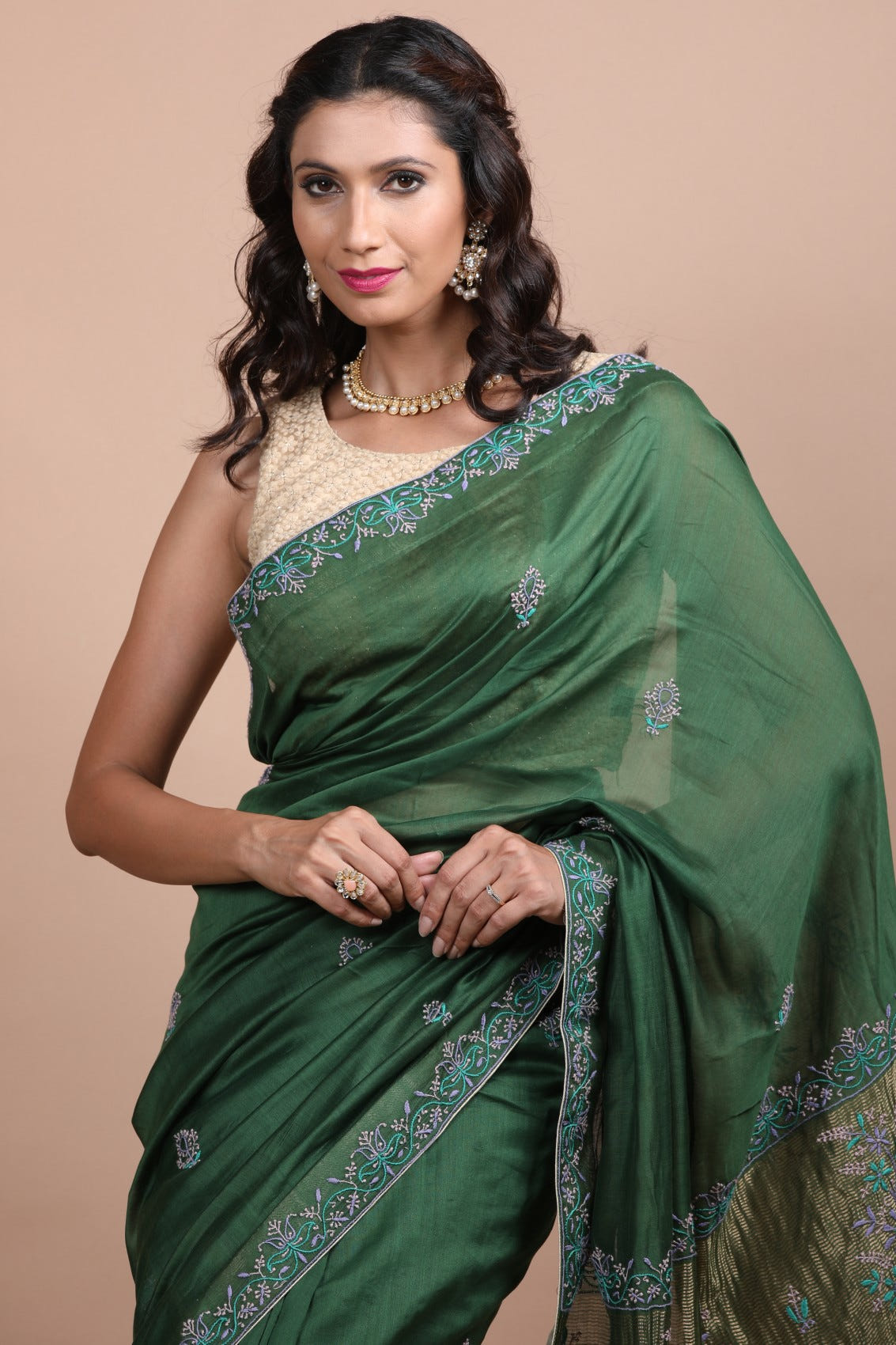 Ada Hand Embroidered Juniper Green Chanderi Lucknowi Chikankari Saree With Blouse A105790