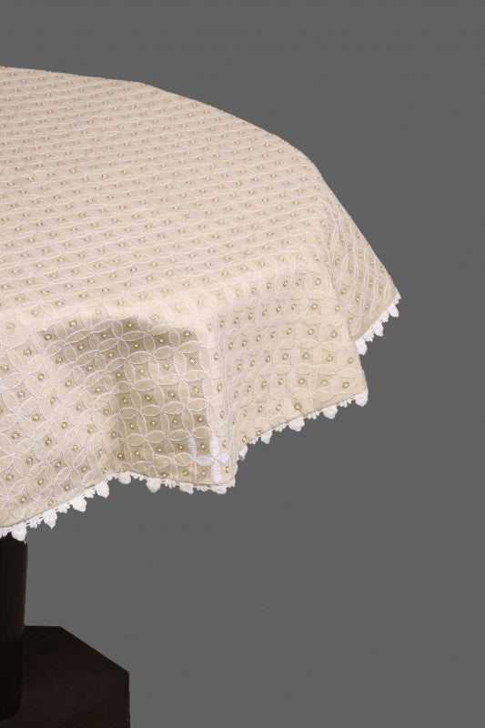 Ada Hand Embroidered Natural Fawn Tussar Silk Lucknowi Chikankari Table Cover With Pearl Work A504716