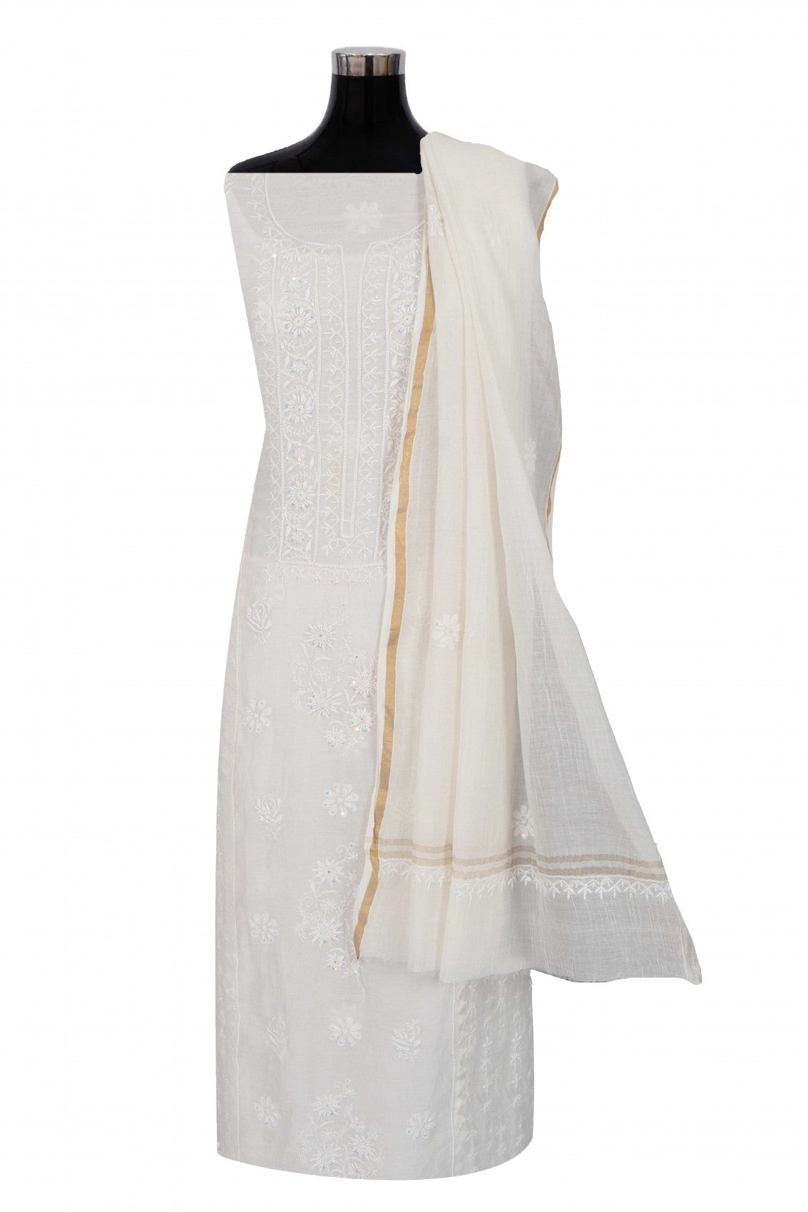 Ada Hand Embroidered Off White Chanderi Lucknowi Chikankari Unstitched Kurta Dupatta Set With Cutdana Work 01A260035