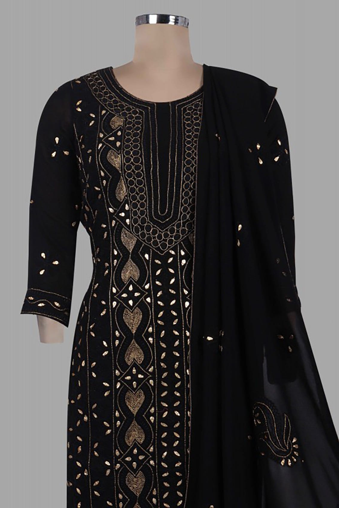 Ada Hand Embroidered Black Georegette Lucknowi Chikankari Unstitched Kurta Dupatta Set with Zari Work A607105