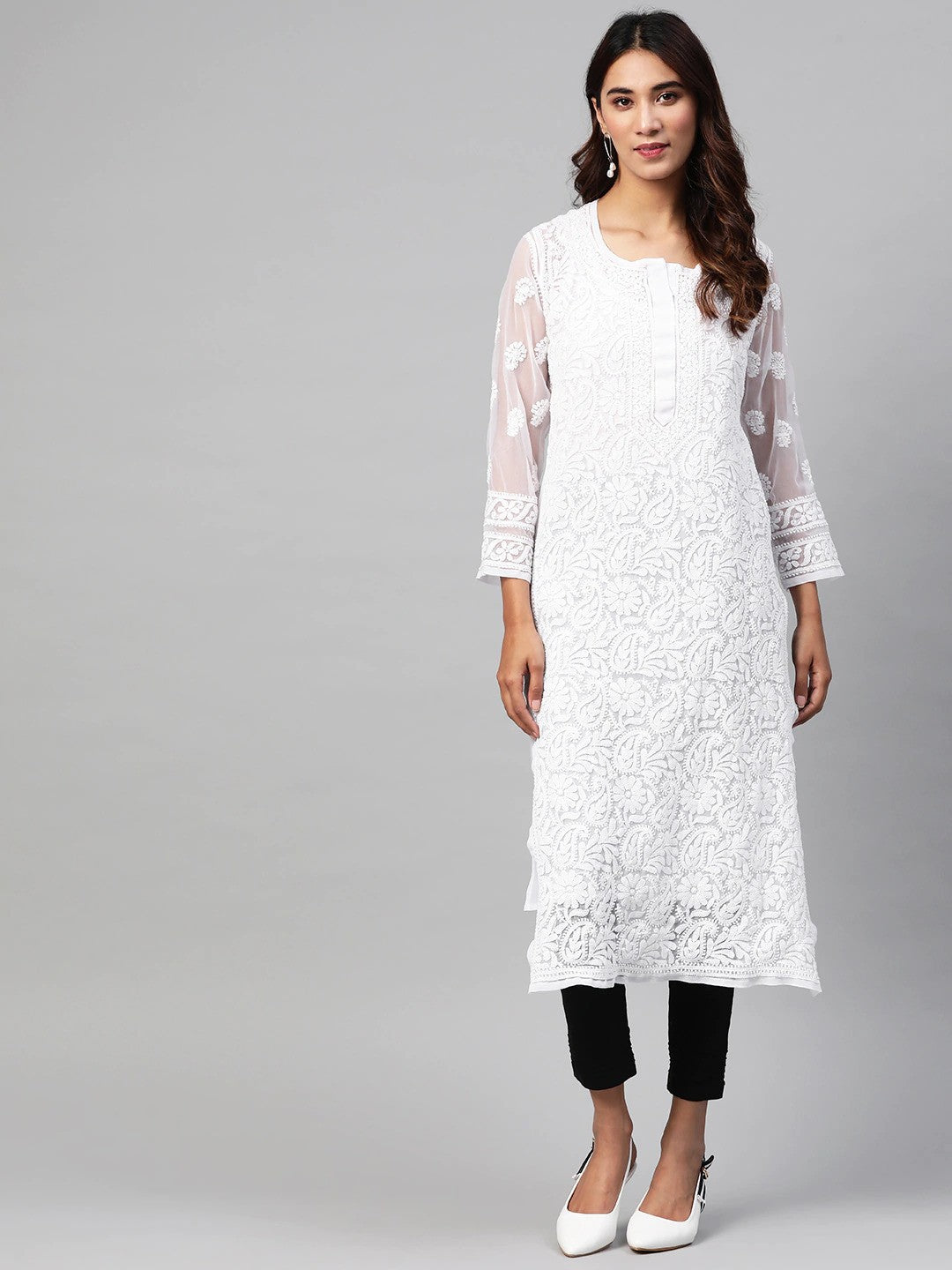 Ada Hand Embroidered White Georgette Lucknowi Chikankari Straight Kurta & Trouser Set With Slip A811160