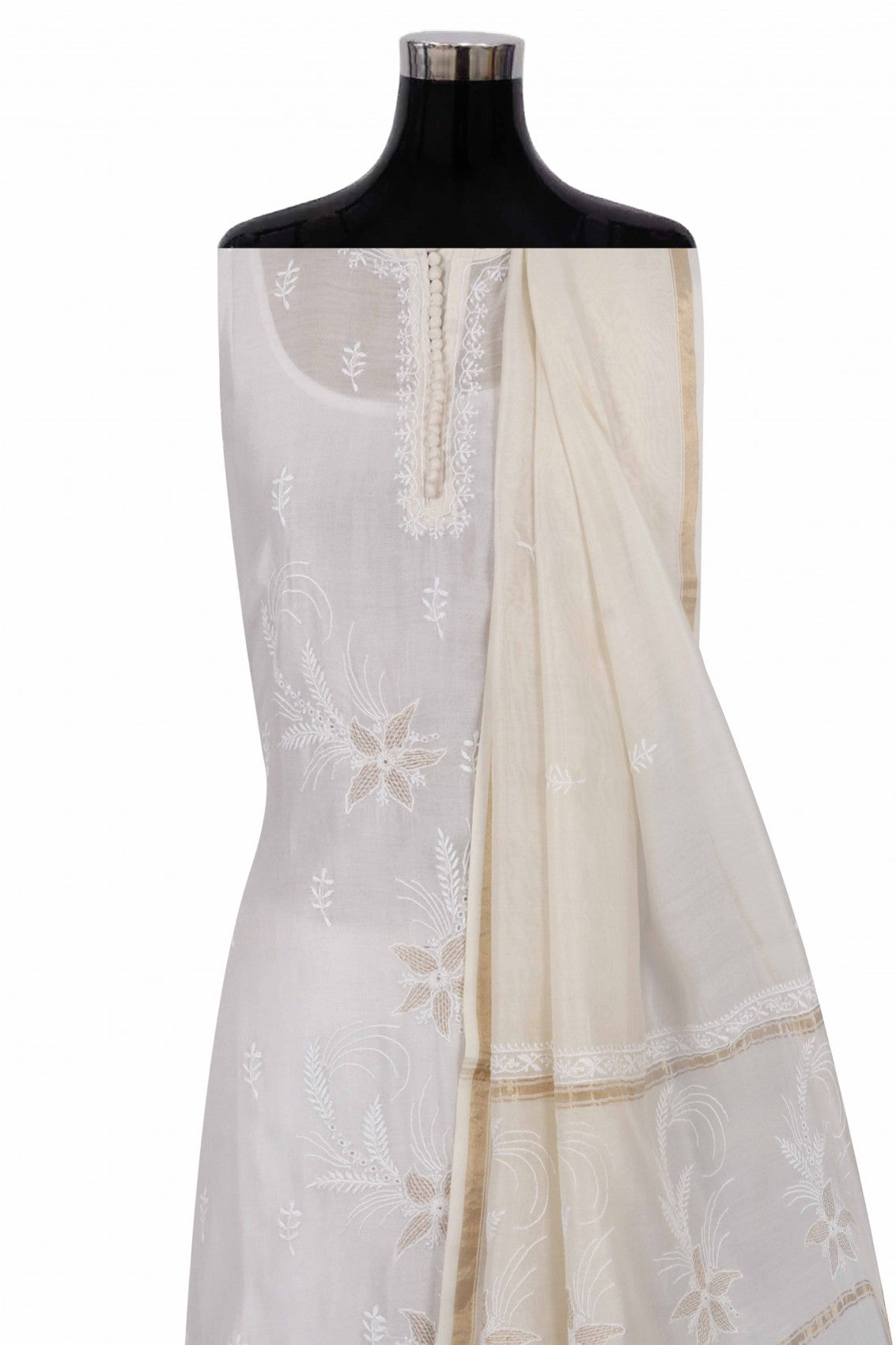 Ada Hand Embroidered Off White Chanderi Lucknowi Chikankari Semi-Stitched Kurta Dupatta Set With Zari Work 01A216282