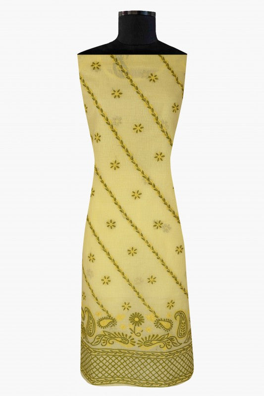 Ada Hand Embroidered Yellow Kota Lucknowi Chikan Unstitched Kurta Piece A590537