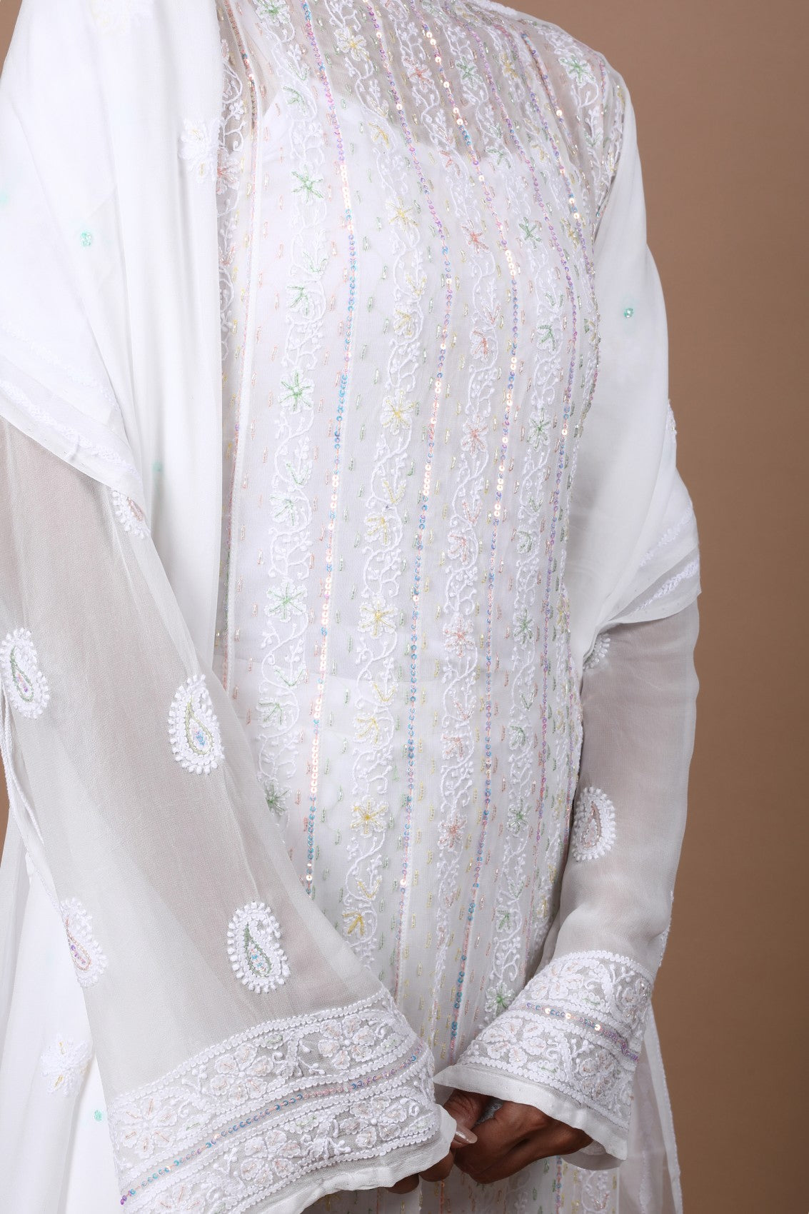 Ada Hand Embroidered White Georgette Lucknowi Chikankari Semi-Stitched Anarkali Kurta Dupatta Set With Sequinned Work 01A260997