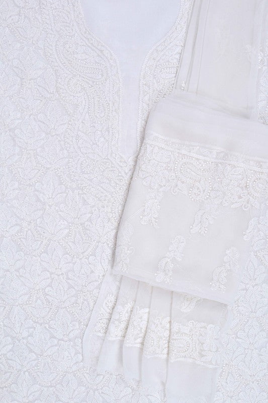 Ada Hand Embroidered White Georgette Lucknowi Chikankari Unstitched Suit Piece With Pearl Work A619183