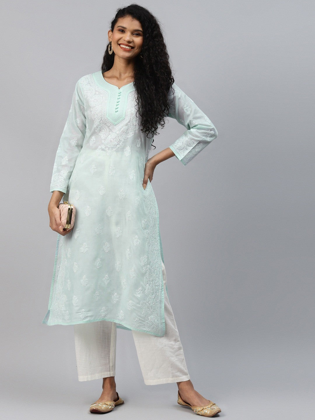 Ada Hand Embroidered Sea Green Cotton Lucknowi Chikankari Straight Kurta A236281