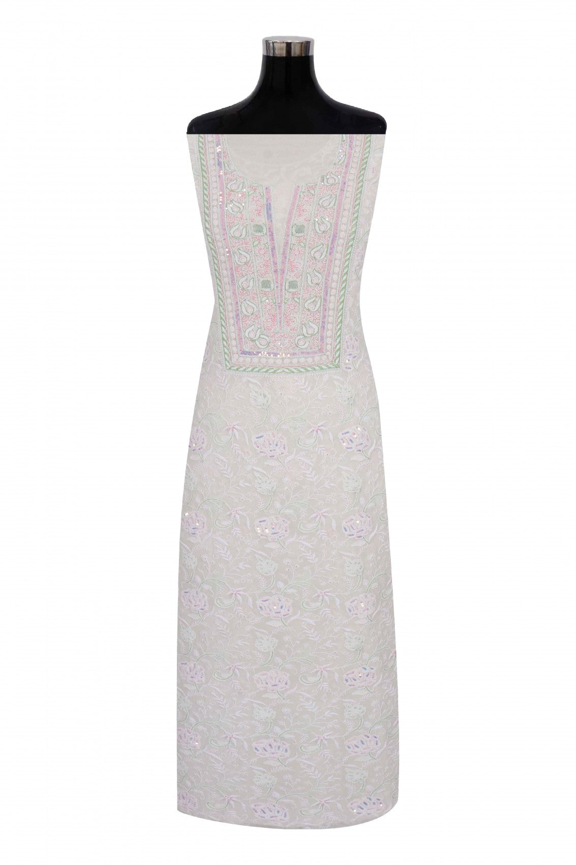 Ada Hand Embroidered White Pure Georgette Lucknowi Chikankari Unstitched Kurta Dupatta Set With Pearl Work A621851