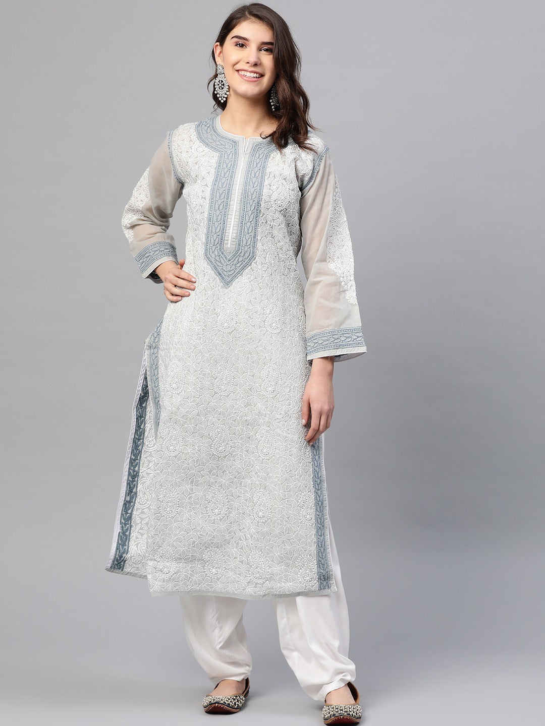 Ada Hand Embroidered Grey Cotton Lucknow Chikan Kurta A411163