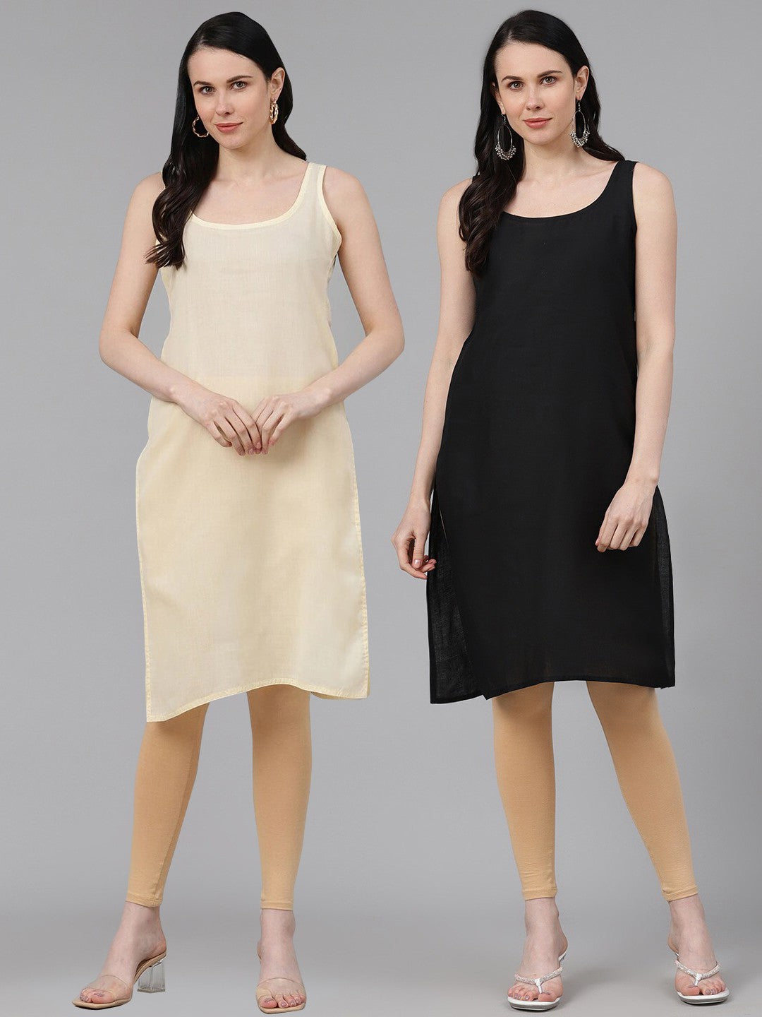 Ada Fawn and Black Cotton Long Slips Combo of 2  A300944.