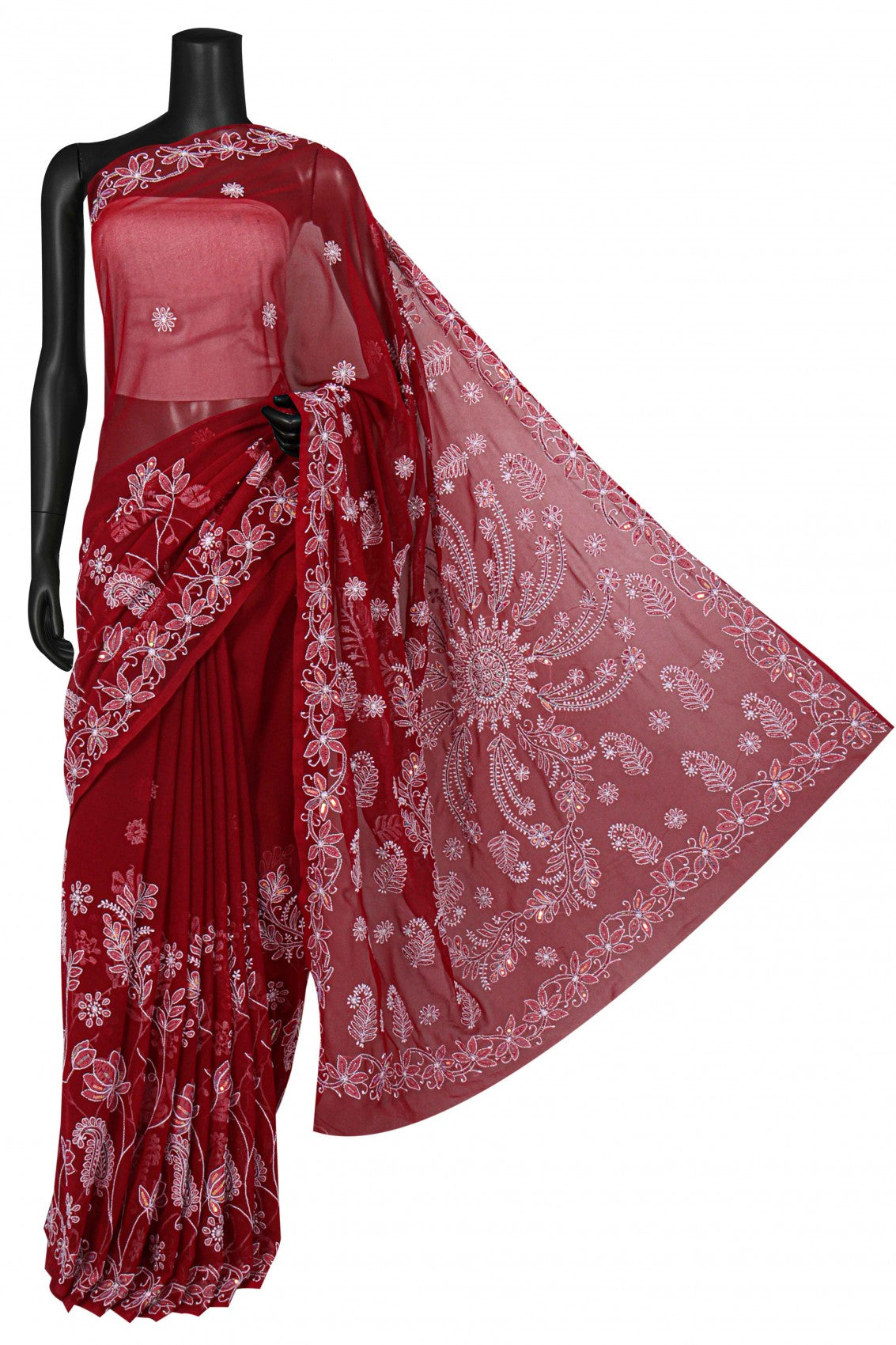 Ada Hand Embroidered Maroon Georgette Lucknowi Chikankari Saree/Blouse With Cutdana Work 01A194048