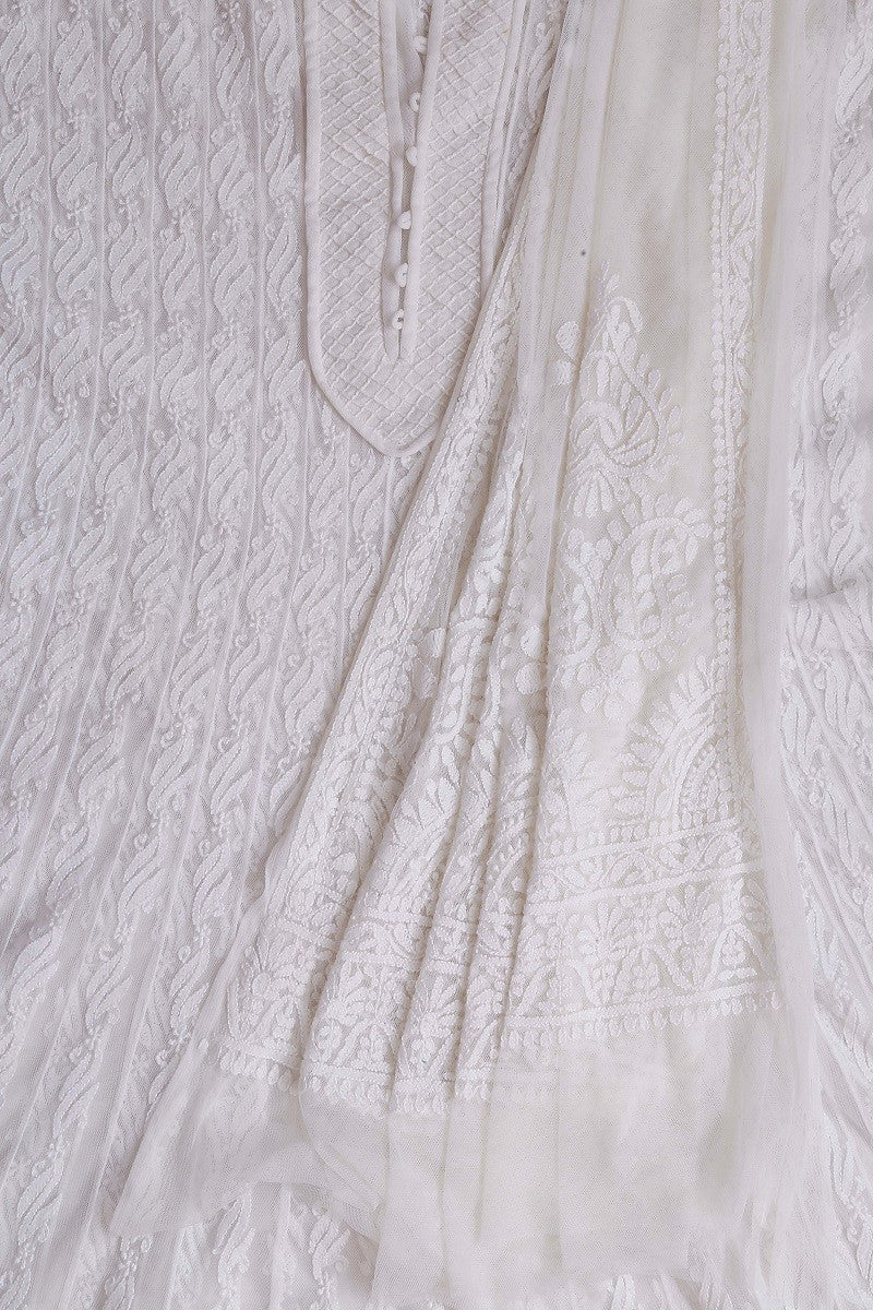 Ada Hand Embroidered White Net Chikan Semi-Stitched Anarkali Kurta Dupatta Set With Pearl Work A476419