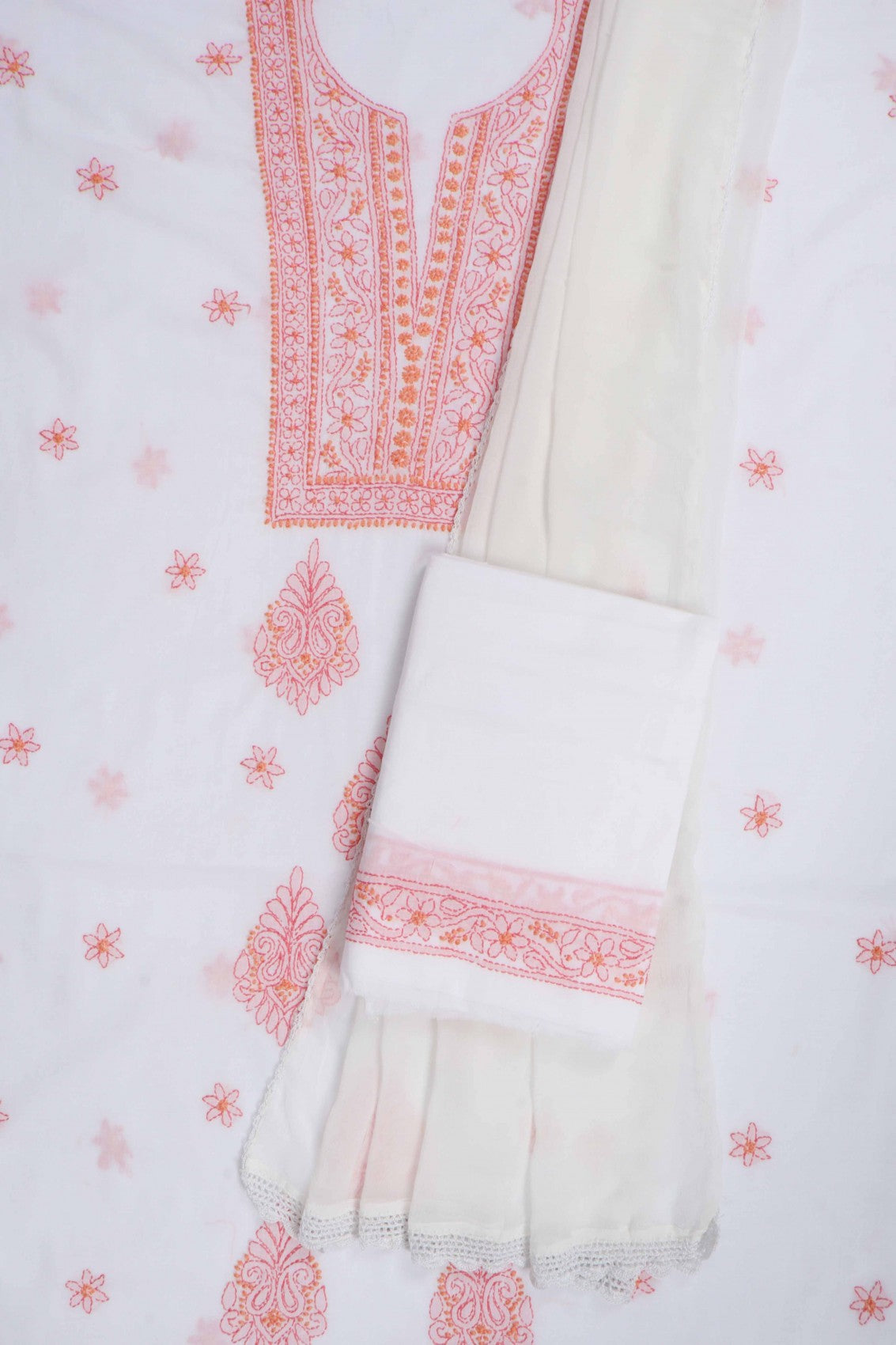 Ada Hand Embroidered White Cotton Lucknowi Chikankari Unstitched Suit Piece 01A275104