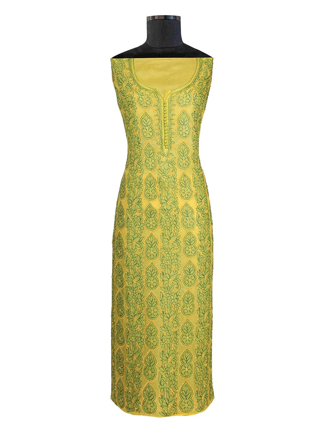 Ada Hand Embroidered Lemon Silk Lucknowi Chikan Unstitched Suit Piece–A608350