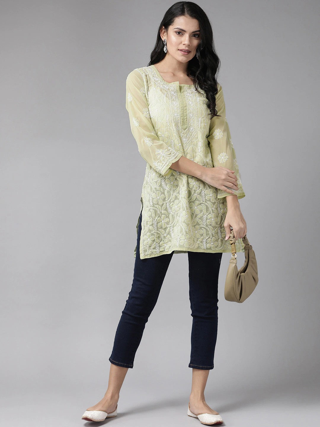 Ada Hand Embroidered Sage Green Georgette Lucknow Chikan Kurti A911121