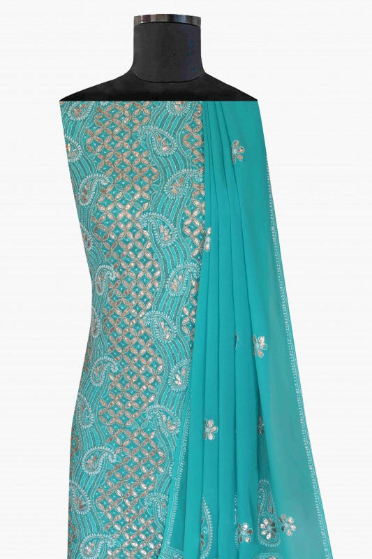 Ada Hand Embroidered Rama Green Georgette Lucknowi Chikan Unstitched Kurta Dupatta Set With Gota Patti Work A443924