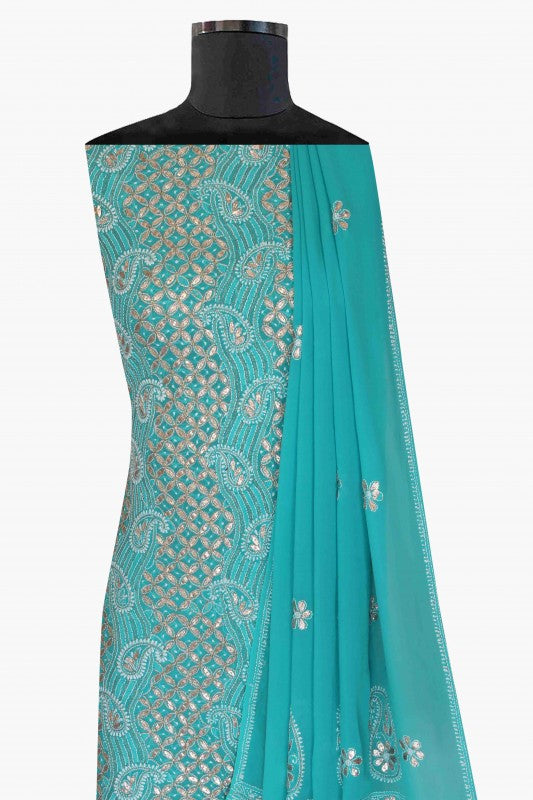 Ada Hand Embroidered Rama Green Georgette Lucknowi Chikan Unstitched Kurta Dupatta Set With Gota Patti Work A443924