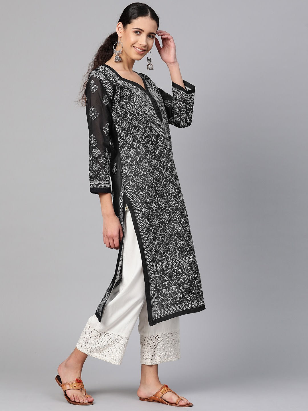 Ada Hand Embroidered Black Cotton Lucknow Chikankari straight Kurta A100380