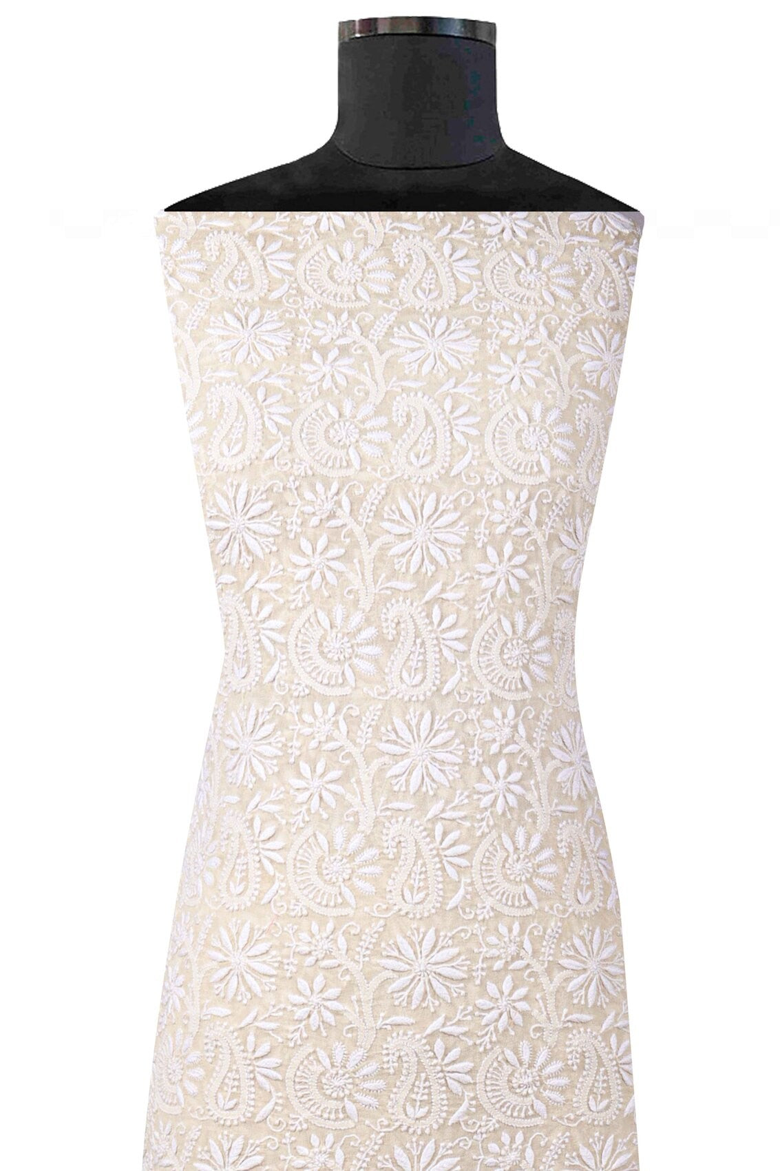 Ada Hand Embroidered Cream Pure Georgette Lucknowi Chikankari Unstitched Kurta Dupatta Set A70992