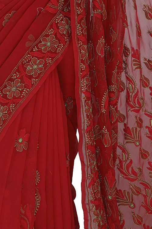 Ada Hand Embroidered Red Georgette Lucknowi Chikankari Saree with Blouse A630390
