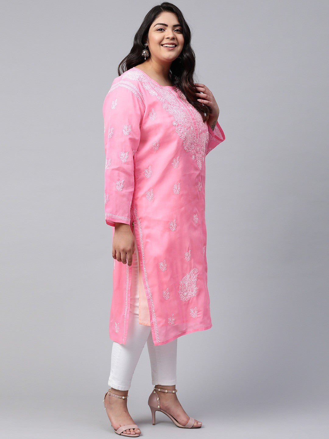 Ada Hand Embroidered Pink Cotton Lucknowi Chikankari Straight Kurta A133537