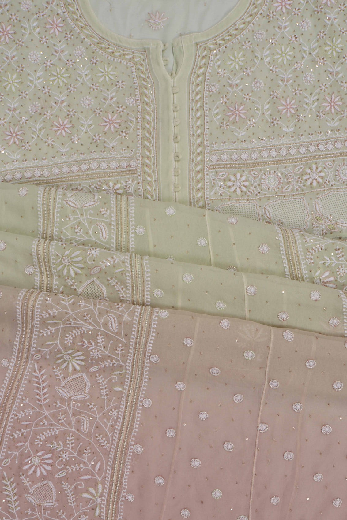 Ada Hand Embroidered Pistachio Green Ombre shade Georgette Lucknowi Chikankari Semi-Stitched Anarkali Kurta Dupatta Set With Pearl Work 01A243869