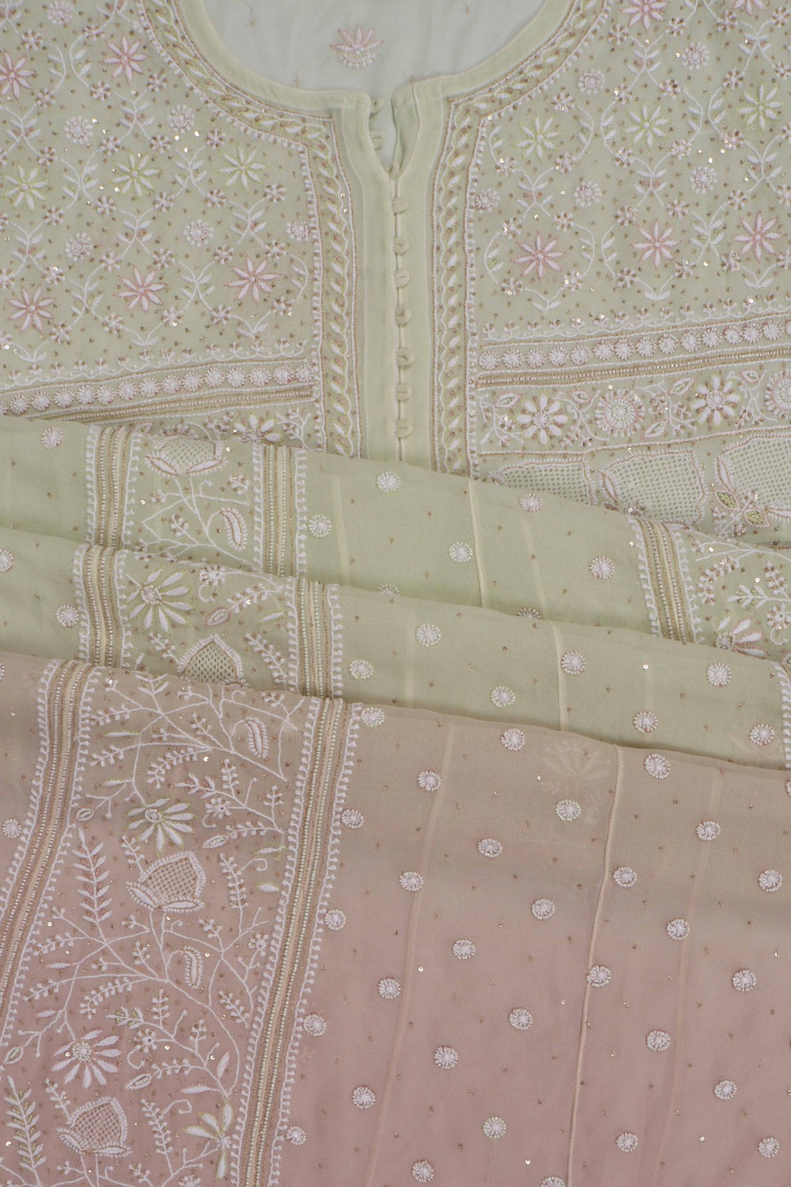 Ada Hand Embroidered Pistachio Green Ombre shade Georgette Lucknowi Chikankari Semi-Stitched Anarkali Kurta Dupatta Set With Pearl Work 01A243869